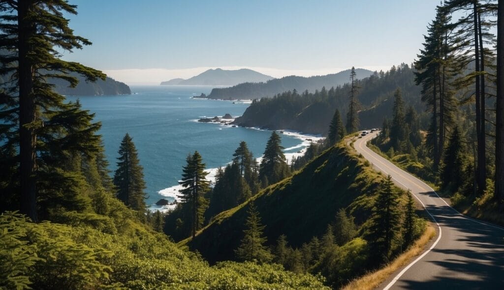 Exploring the winding coastal road in the Pacific Northwest, with ocean views and forested cliffs, reveals nature's wonders.