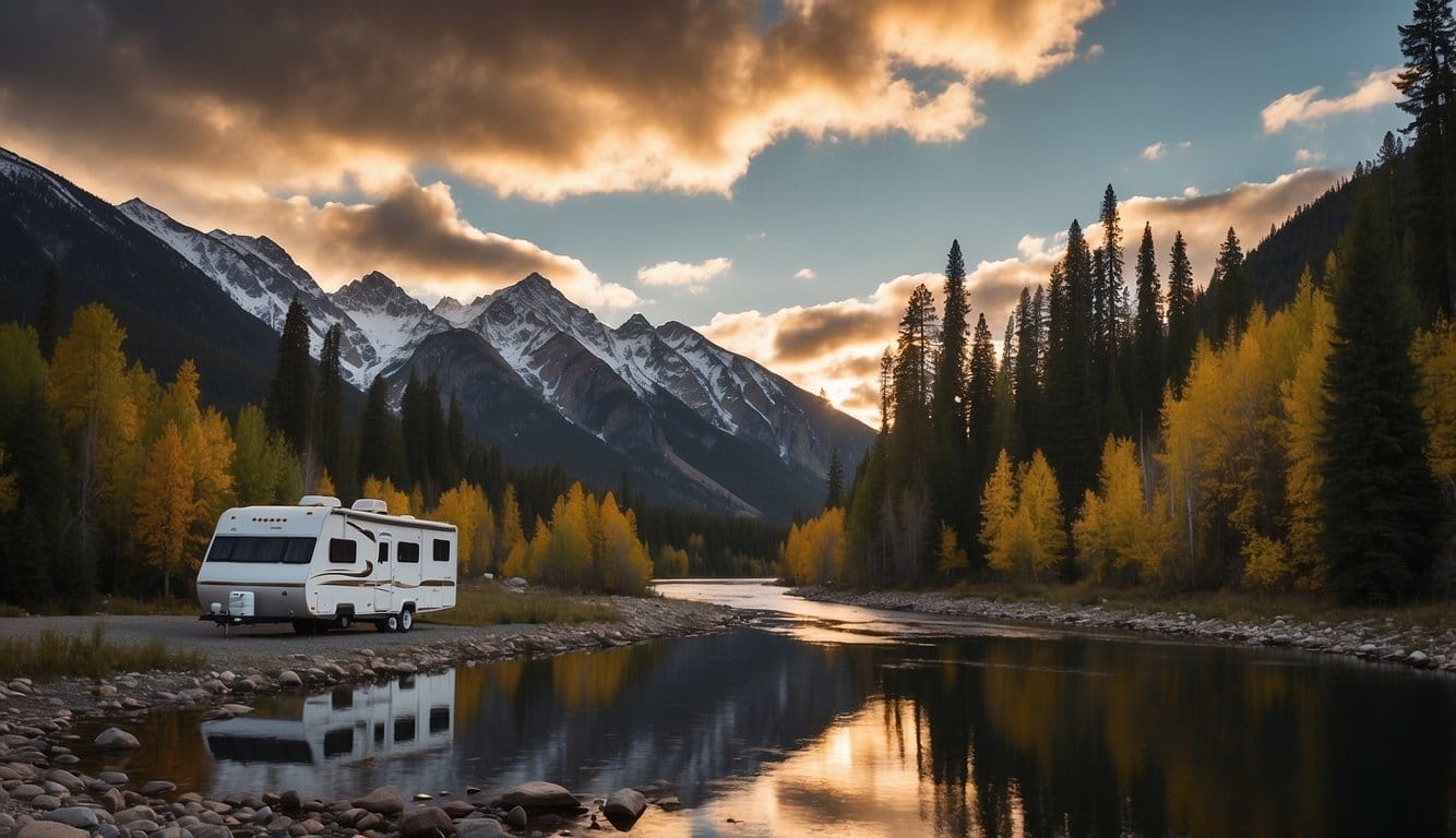 Lush forests and snow-capped mountains surround a tranquil RV campsite nestled beside a sparkling river. The sun sets behind the towering trees, casting a warm glow over the picturesque scene