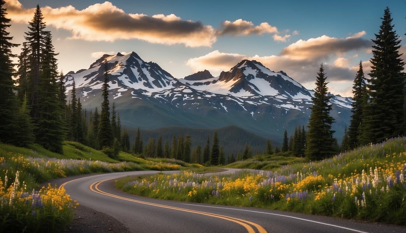 Lush green forests, towering snow-capped mountains, and crystal-clear lakes surrounded by vibrant wildflowers. A winding road leads to a majestic national park entrance sign, welcoming nature enthusiasts to explore the Pacific Northwest's iconic RV destinations