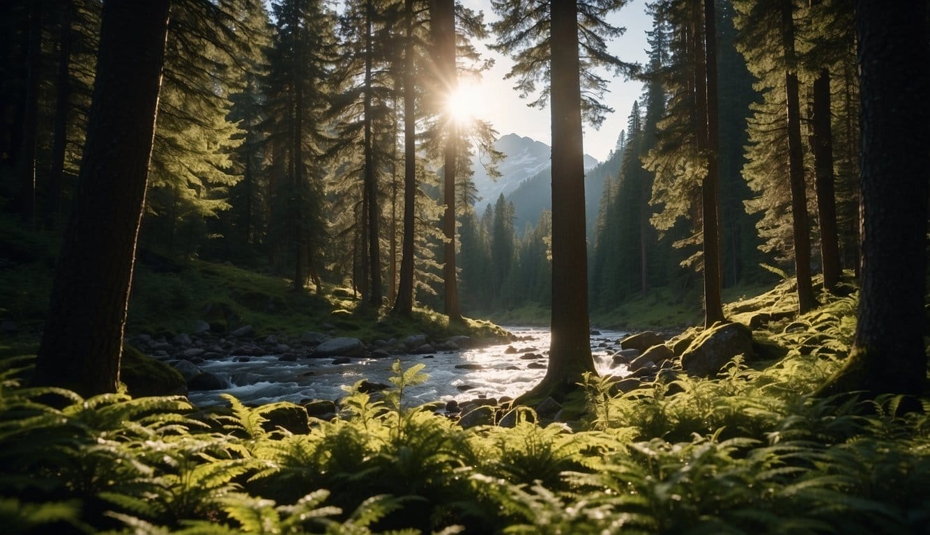 A serene forest with towering evergreen trees, a winding river, and snow-capped mountains in the distance. The sunlight filters through the dense foliage, casting dappled shadows on the forest floor