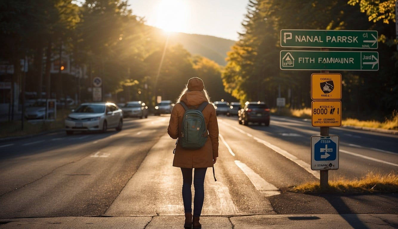 A traveler stands at a crossroads, surrounded by vibrant signs pointing to different national parks. The sun shines down, casting a warm glow over the scene