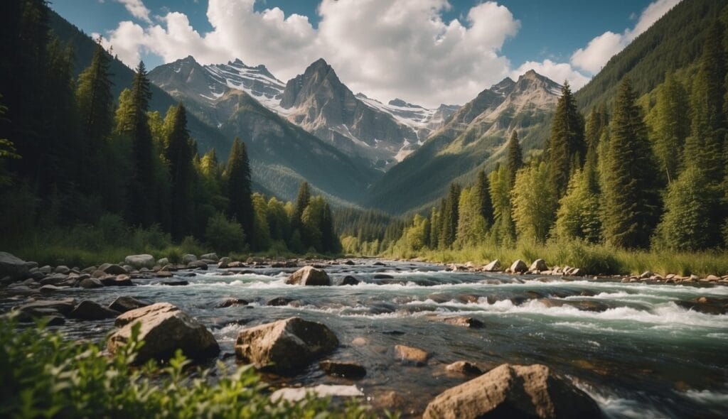 A serene river flowing through a forested valley with majestic mountains in the background, flanked by trail-blazing paths through national parks.