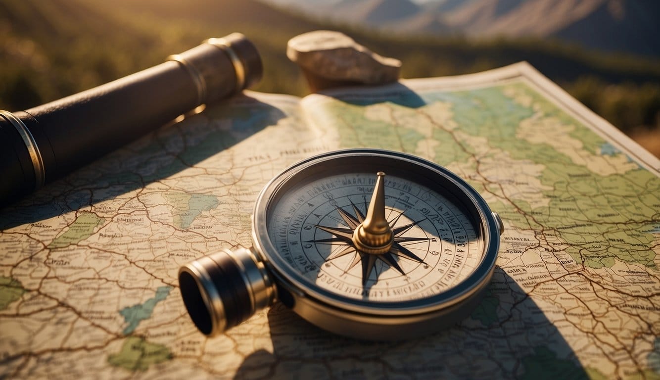 A map of national parks with labeled trails and landmarks. A compass and binoculars sit beside it. The sun is shining, casting shadows on the vibrant landscape