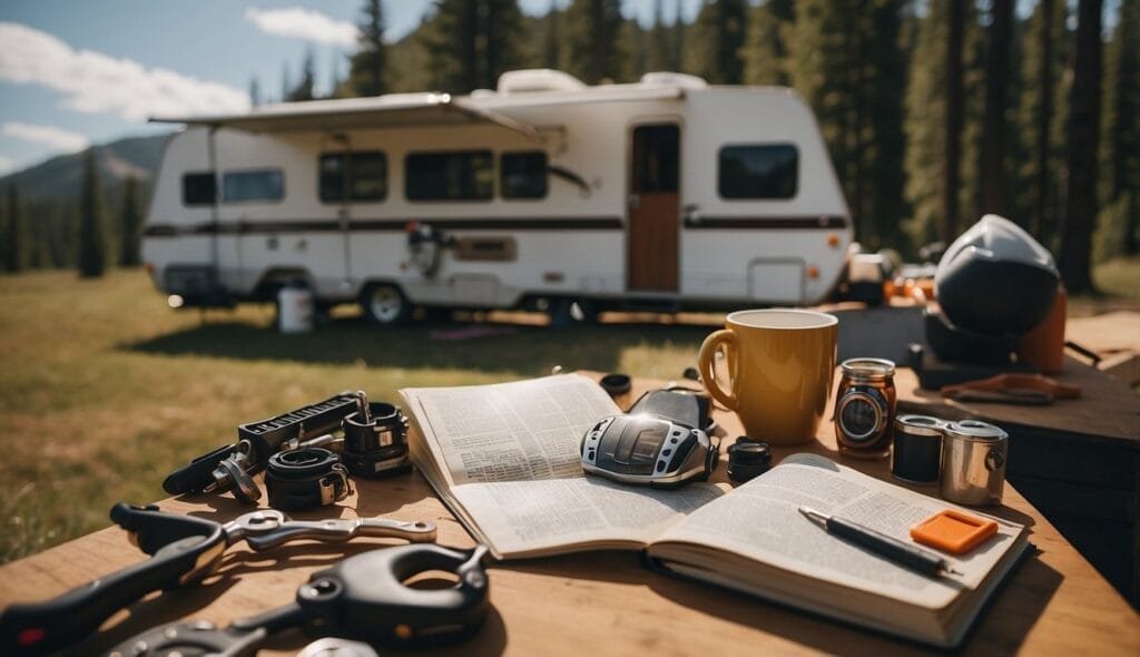 Camping gear laid out on a table in the foreground with a motorhome parked in a forest clearing in the background, ideal as beginner's resources for novice RV travelers.