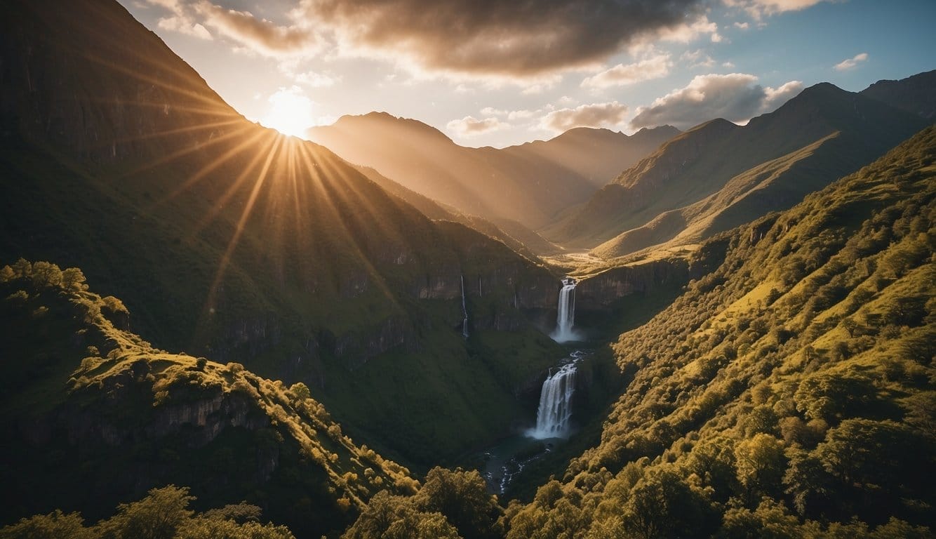 A majestic waterfall cascades down a rugged cliff, surrounded by towering mountains and lush greenery. The sun sets behind the peaks, casting a warm glow over the breathtaking national park landscape