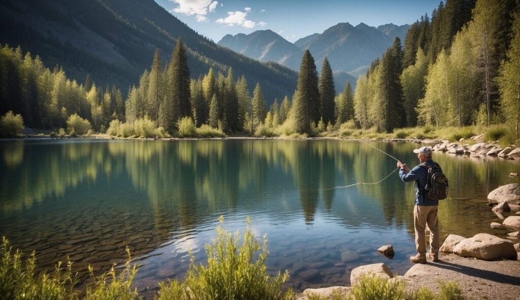 A person fly fishing in a tranquil mountain lake surrounded by forest, embodying the essence of an outdoor adventure.