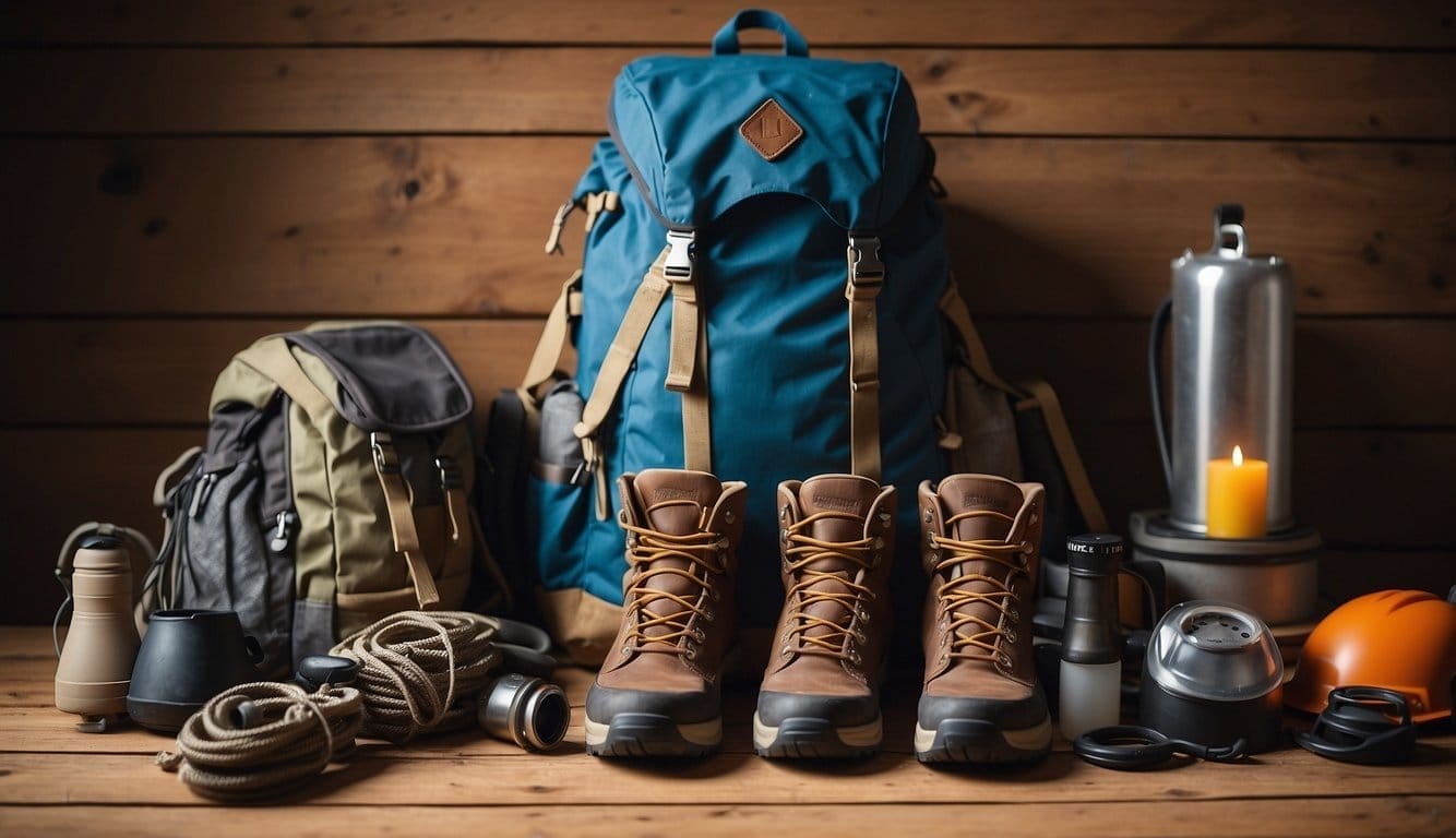 A backpack, hiking boots, climbing ropes, and a helmet are laid out on a wooden table, ready for adventure