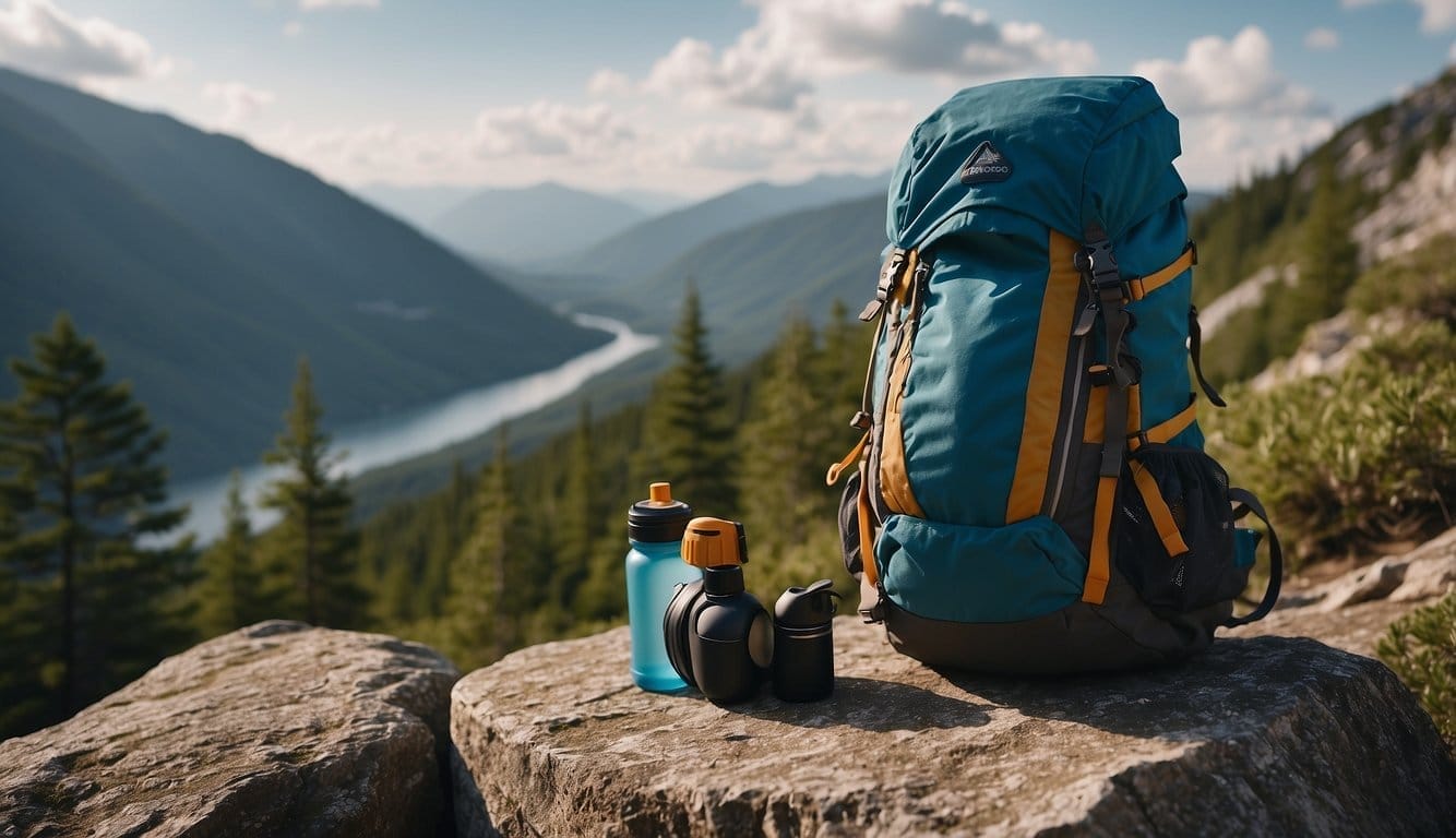A backpack, hiking boots, water bottle, map, and compass laid out on a rocky trail with trees and mountains in the background