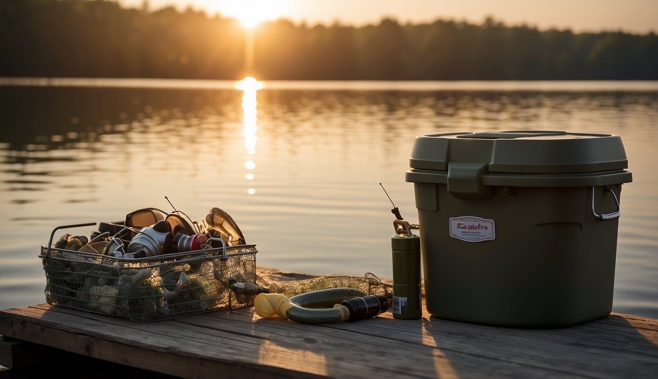A fishing rod, tackle box, and bait bucket sit on a dock overlooking a calm lake. The sun is setting, casting a warm glow over the scene