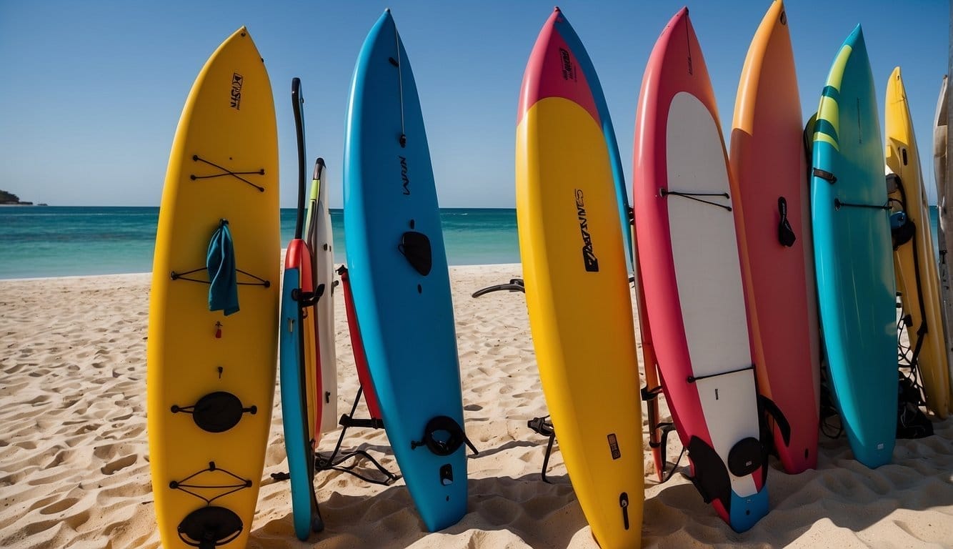 Colorful kayaks and paddleboards lined up on a sandy beach next to calm, crystal-clear water. Life jackets, paddles, and snorkeling gear scattered nearby