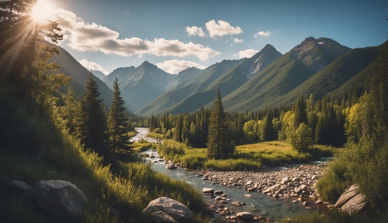A rugged mountain peak overlooks a lush valley with winding hiking trails, while a crystal-clear river cuts through the landscape, offering opportunities for kayaking and fishing