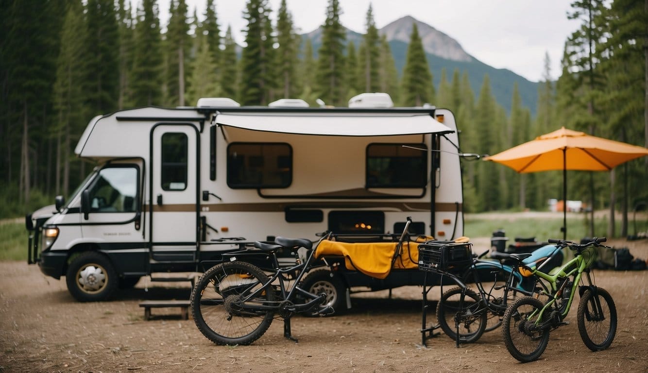 An RV parked in a scenic campground, with a kayak strapped to the roof, mountain bikes on a rack, and a portable grill set up outside