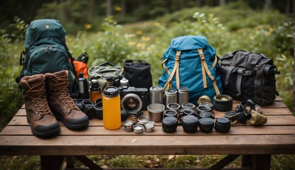 Outdoor photography equipment essentials and hiking gear arranged on a wooden table in a forest setting.