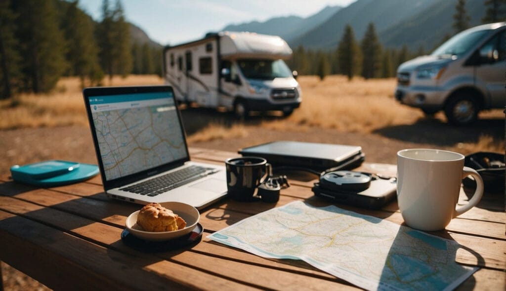 A laptop, map, snack, and cup of coffee on a wooden table serve as route planning resources for RV travel at a scenic campsite with a motorhome in the background.