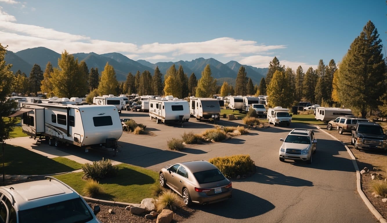 A bustling RV park with neatly arranged campsites, modern amenities, and well-maintained services. Visitors enjoy a variety of recreational activities in a picturesque natural setting