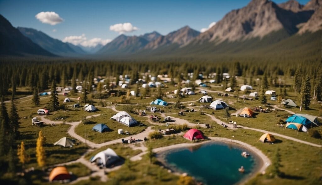 A bustling campground with tents and vehicles nestled in a valley surrounded by forested mountains, often featured in Outdoor Abodes reviews.