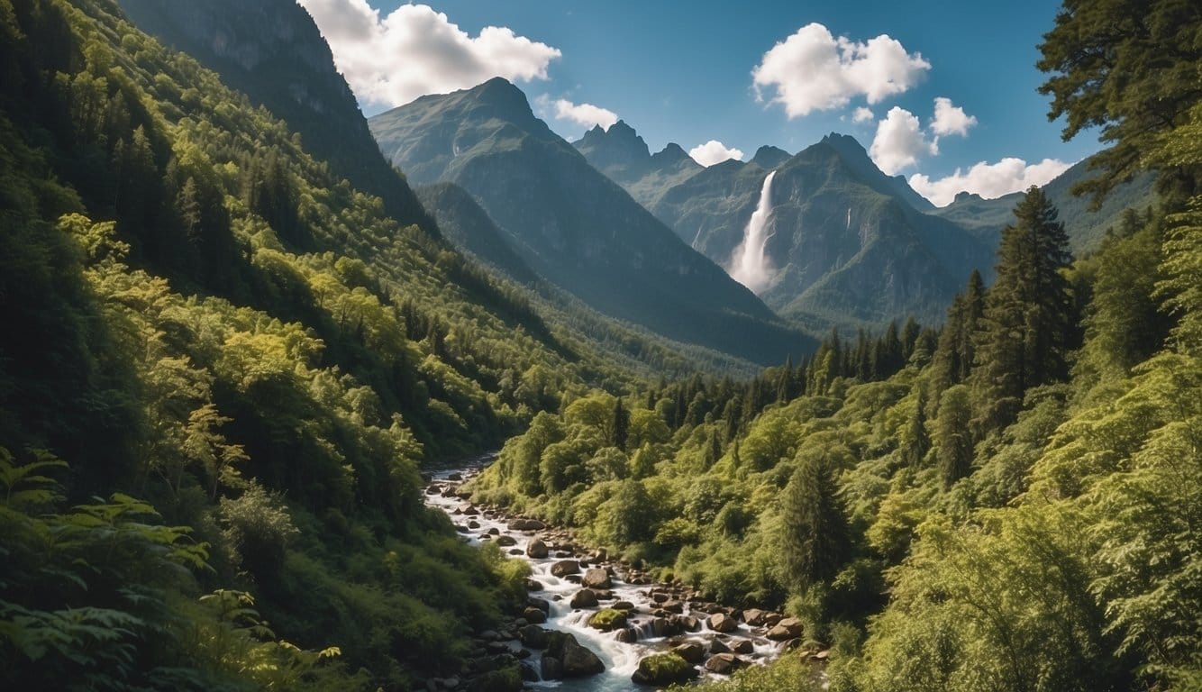 A lush forest with a winding trail leading to a majestic waterfall, surrounded by towering mountains and a clear blue sky above