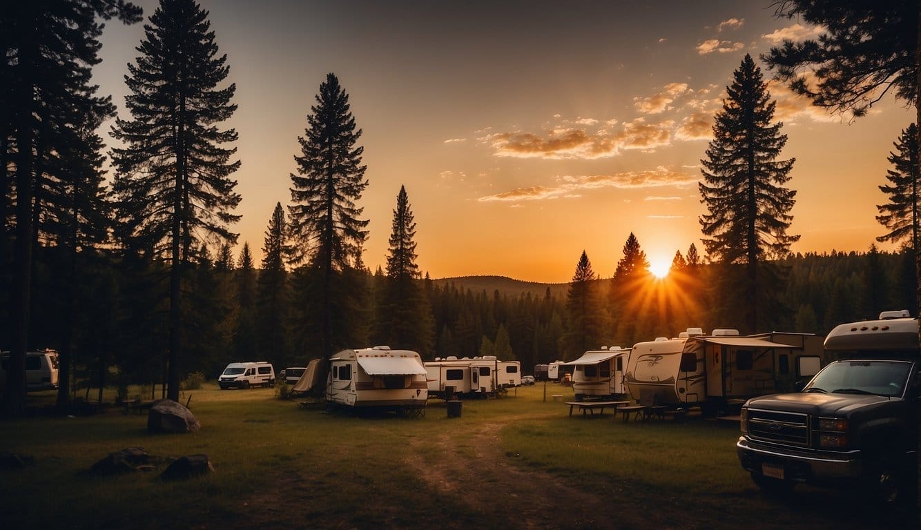The sun sets behind the silhouette of a rustic campground, surrounded by towering trees and a peaceful, starry sky