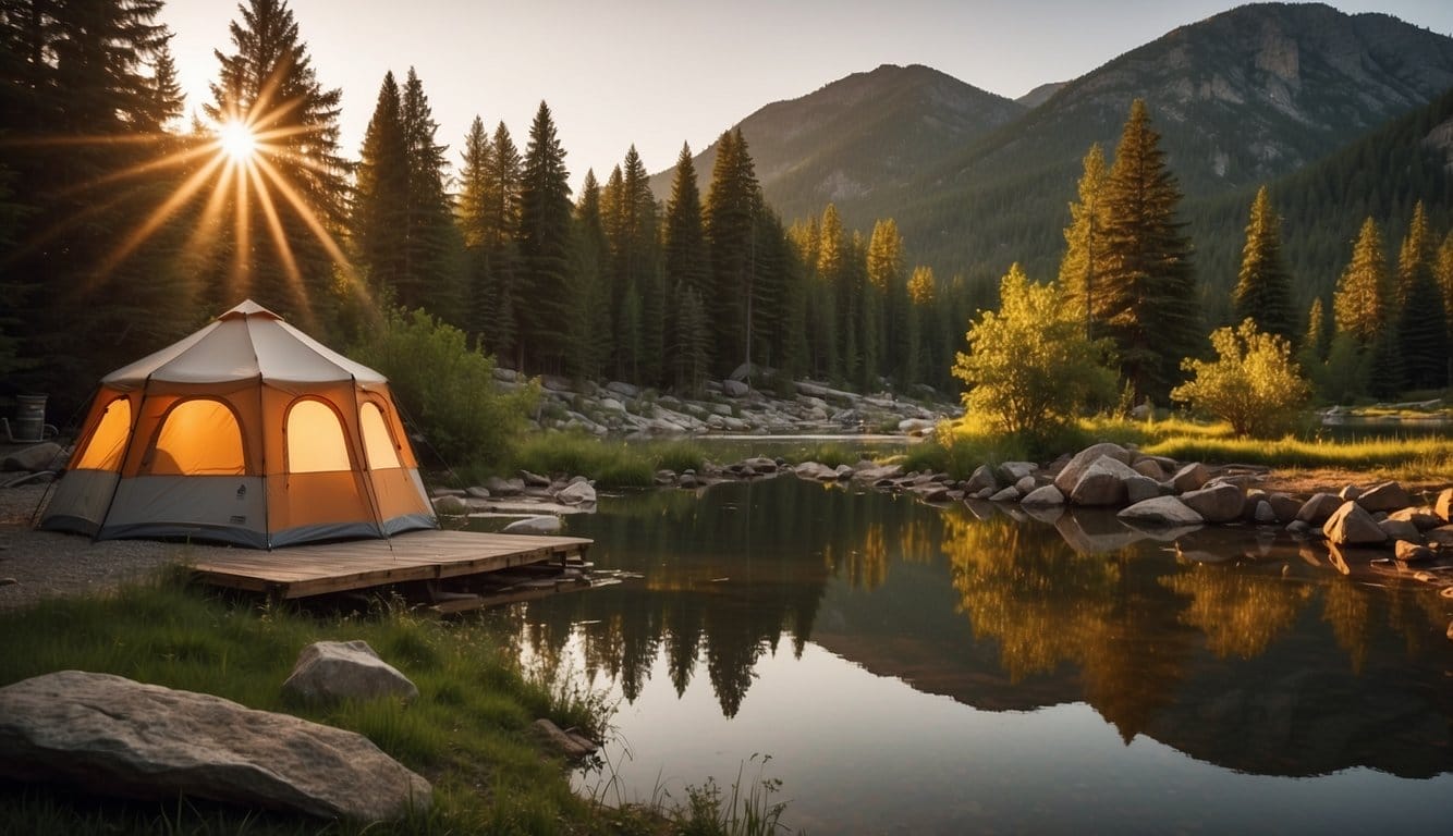 A peaceful campground nestled in a lush, wooded setting with a serene lake, hiking trails, and spacious campsites. The sun sets behind the mountains, casting a warm glow over the picturesque scene