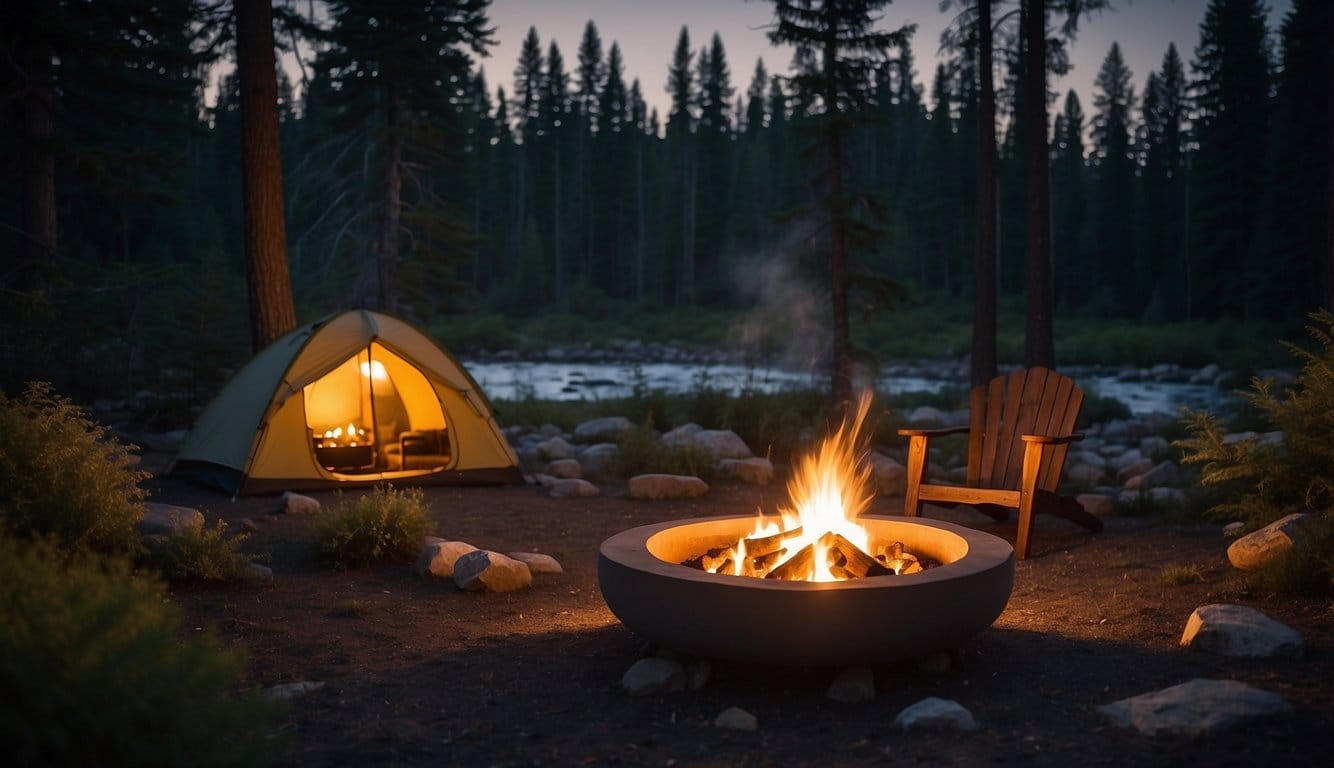 A serene off-grid campsite with a cozy fire pit, surrounded by tall trees and a clear night sky. Nearby, a stream glistens in the moonlight, adding to the peaceful ambiance