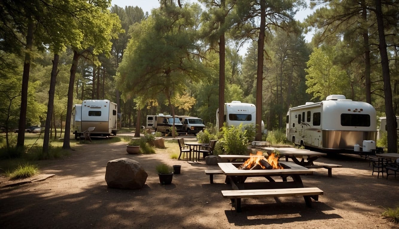 A tranquil campground with lush greenery, cozy fire pits, and spacious RV sites. Visitors relax under the shade of tall trees and enjoy modern amenities