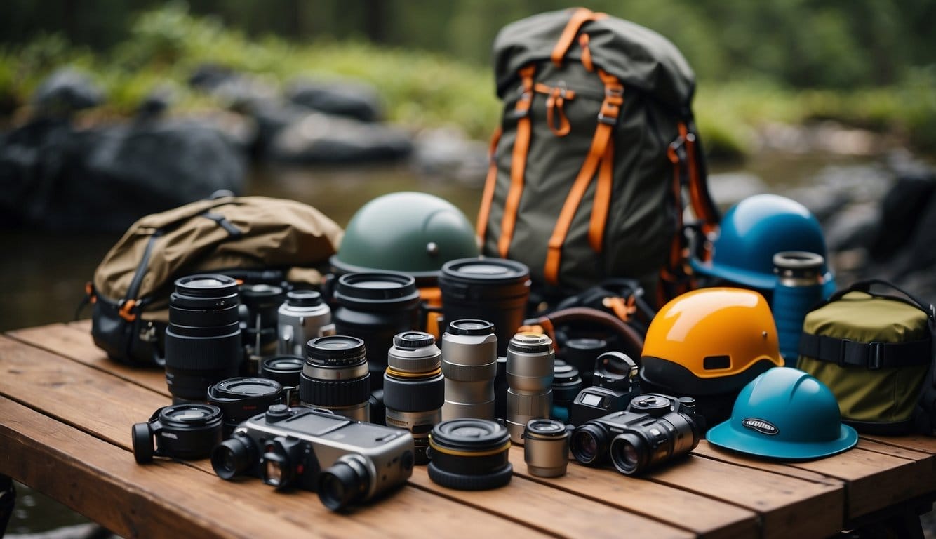 A table with various adventure gear and equipment, including backpacks, hiking boots, climbing ropes, helmets, and camping supplies