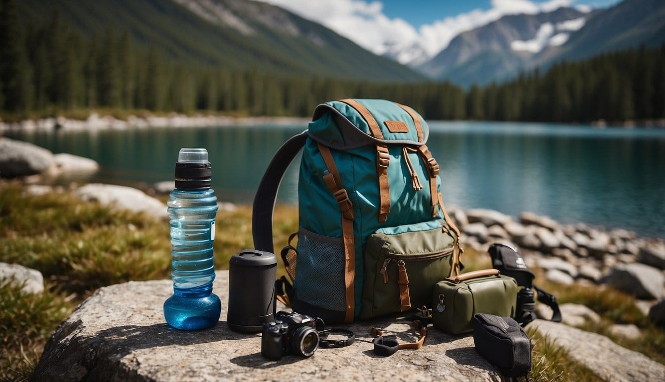 A backpack with water bottle, map, and first aid kit. Hiking boots, hat, and sunglasses. Trekking poles and a portable stove