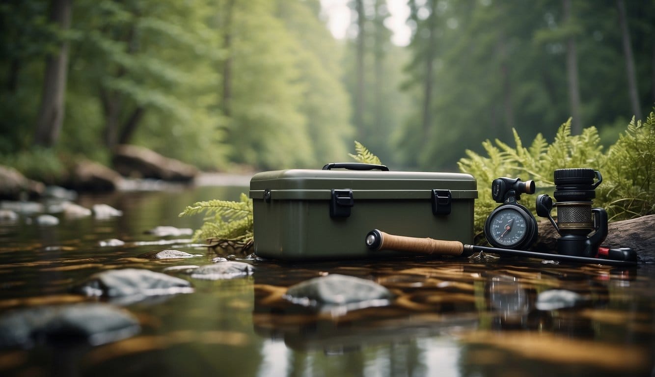 A fishing rod, tackle box, and waders lay on the riverbank, surrounded by tall trees and a flowing stream