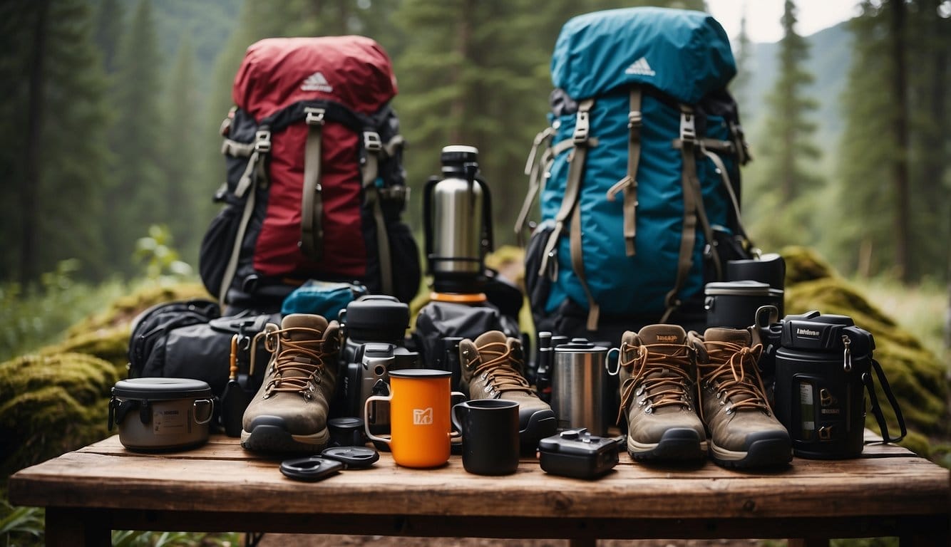 A table displaying various adventure gear and equipment, including backpacks, hiking boots, climbing ropes, and camping stoves