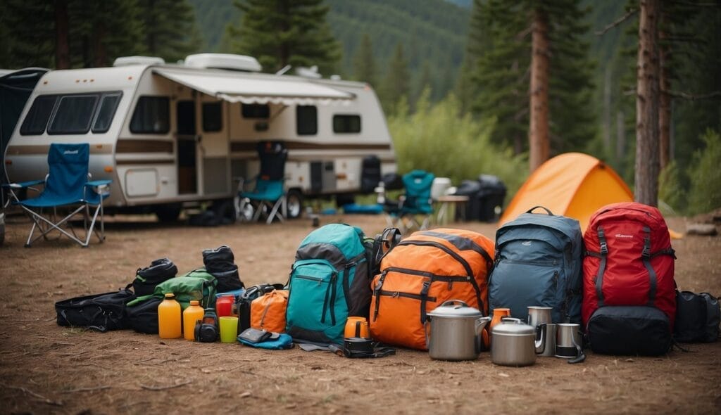 Camping gear and equipment recommendations for adventure activities arranged in front of a tent with a recreational vehicle in the background amidst a forest setting.