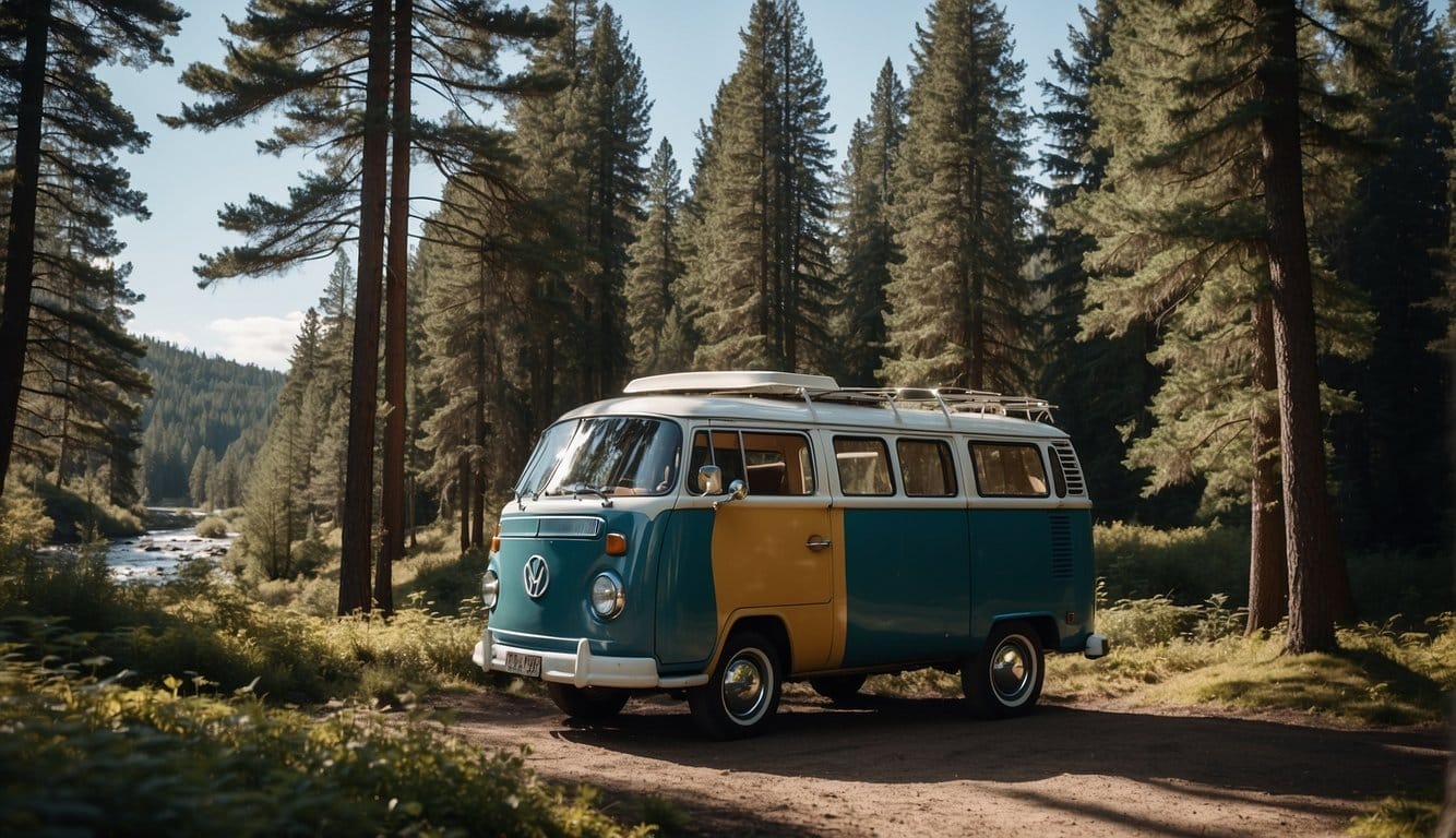 A campervan parked in a scenic wilderness setting, surrounded by tall trees and a flowing river, with a clear blue sky overhead