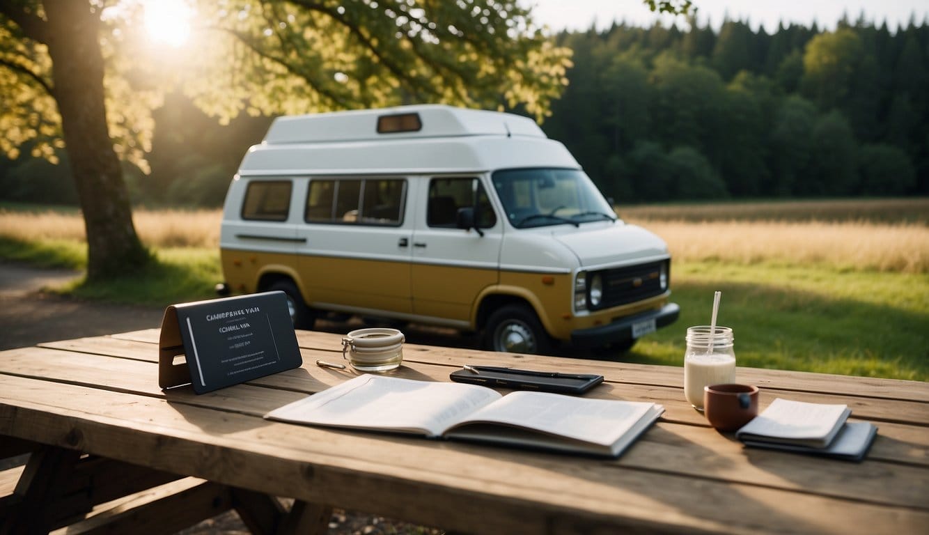 A campervan parked in a scenic location, with a checklist of campervan needs and a guidebook on a picnic table nearby