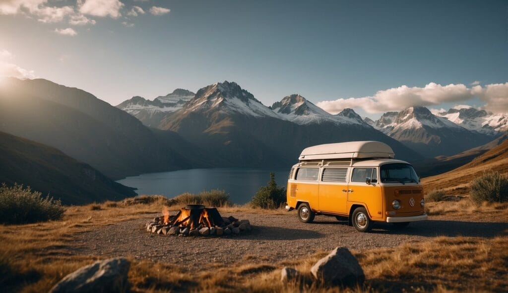 Vintage camper van, featured in The Ultimate Guide to Choosing the Perfect Campervan: Picking Your Palace on Wheels, parked near a lake with mountains in the background and a small campfire in the