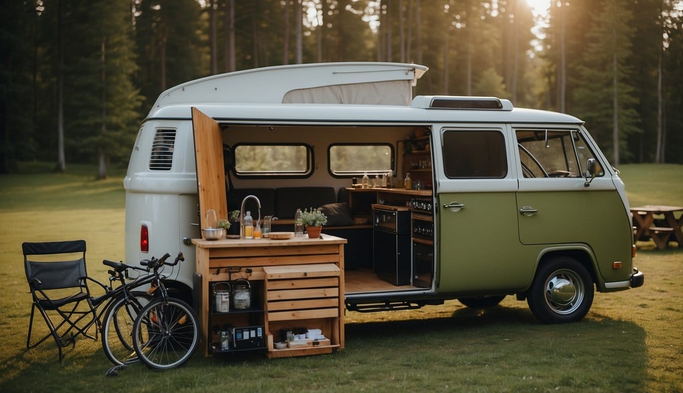 A campervan parked in a scenic location with various customization options showcased, such as solar panels, bike racks, and outdoor kitchen setups