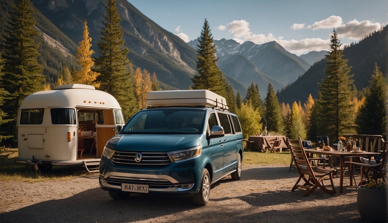 A campervan parked in a scenic campground with mountains in the background, a cozy campfire, and a family enjoying outdoor activities