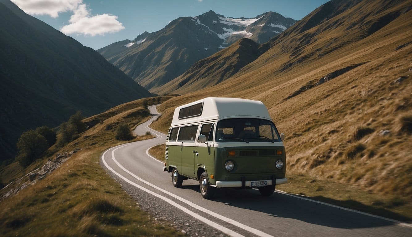 A campervan effortlessly navigates through a narrow mountain pass, showcasing its superior maneuverability and performance