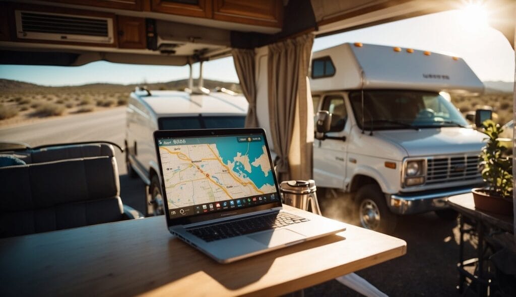 A laptop with a map on the screen placed on a table inside an RV, parked on a desert road during the day, used for route planning.