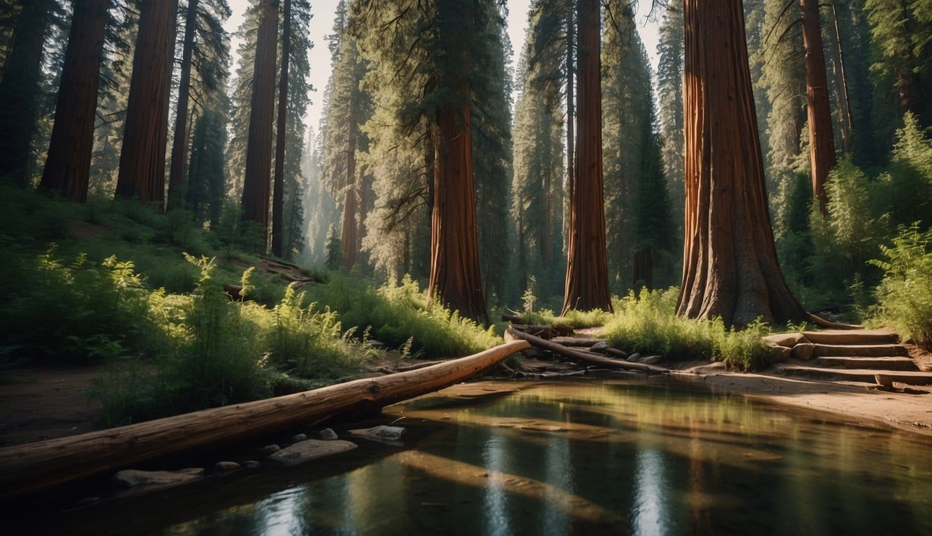 Lush green forest with towering sequoia trees, a flowing river, and campgrounds nestled among the natural beauty of Sequoia National Park in California