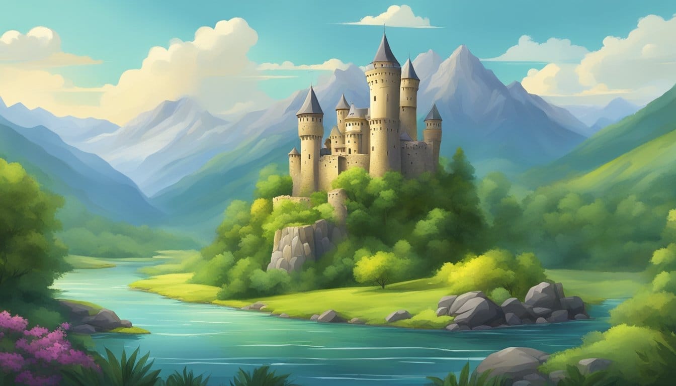 A hidden castle nestled in a lush, secluded valley surrounded by towering mountains and a tranquil, winding river