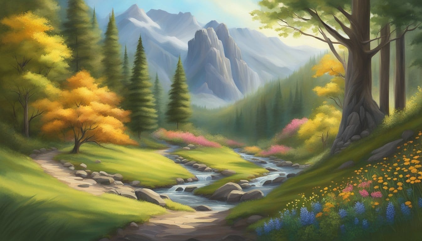 A winding mountain trail leads to a secluded waterfall, surrounded by towering trees and vibrant wildflowers. A sense of tranquility and adventure permeates the air