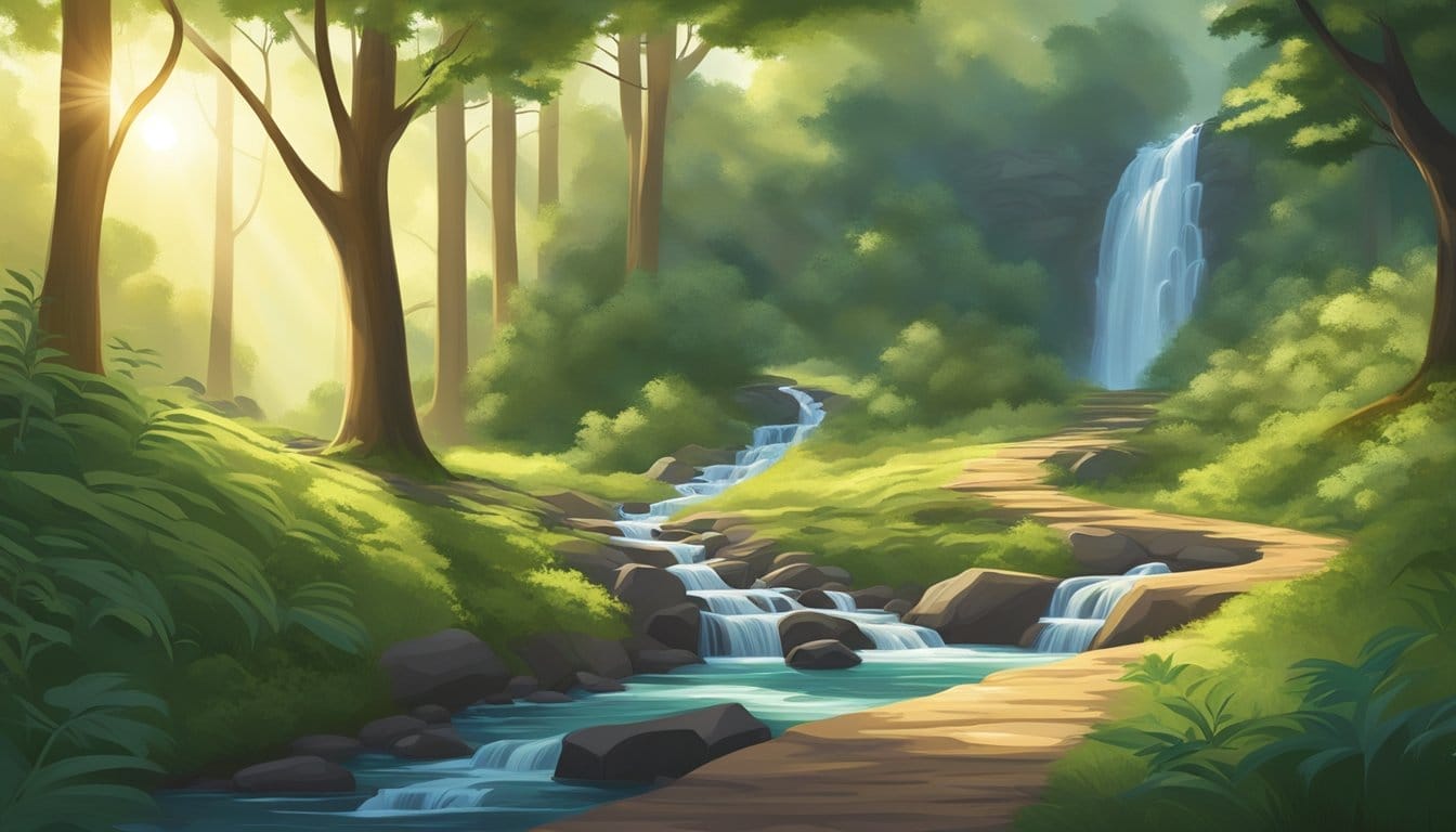 A winding mountain trail cuts through lush forest, leading to a cascading waterfall. The sun filters through the trees, casting dappled light on the path