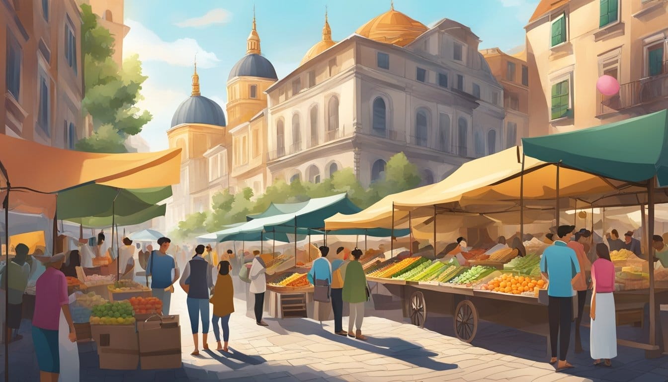 A bustling street market with colorful stalls and lively music, surrounded by historic landmarks and natural attractions