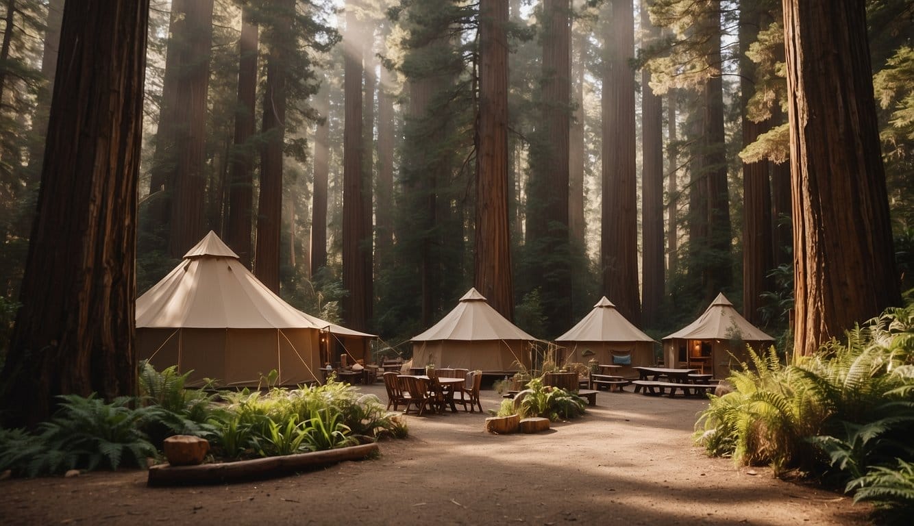 Tall redwoods tower over rustic cabins and tents at Big Sur Campground, nestled in the California wilderness