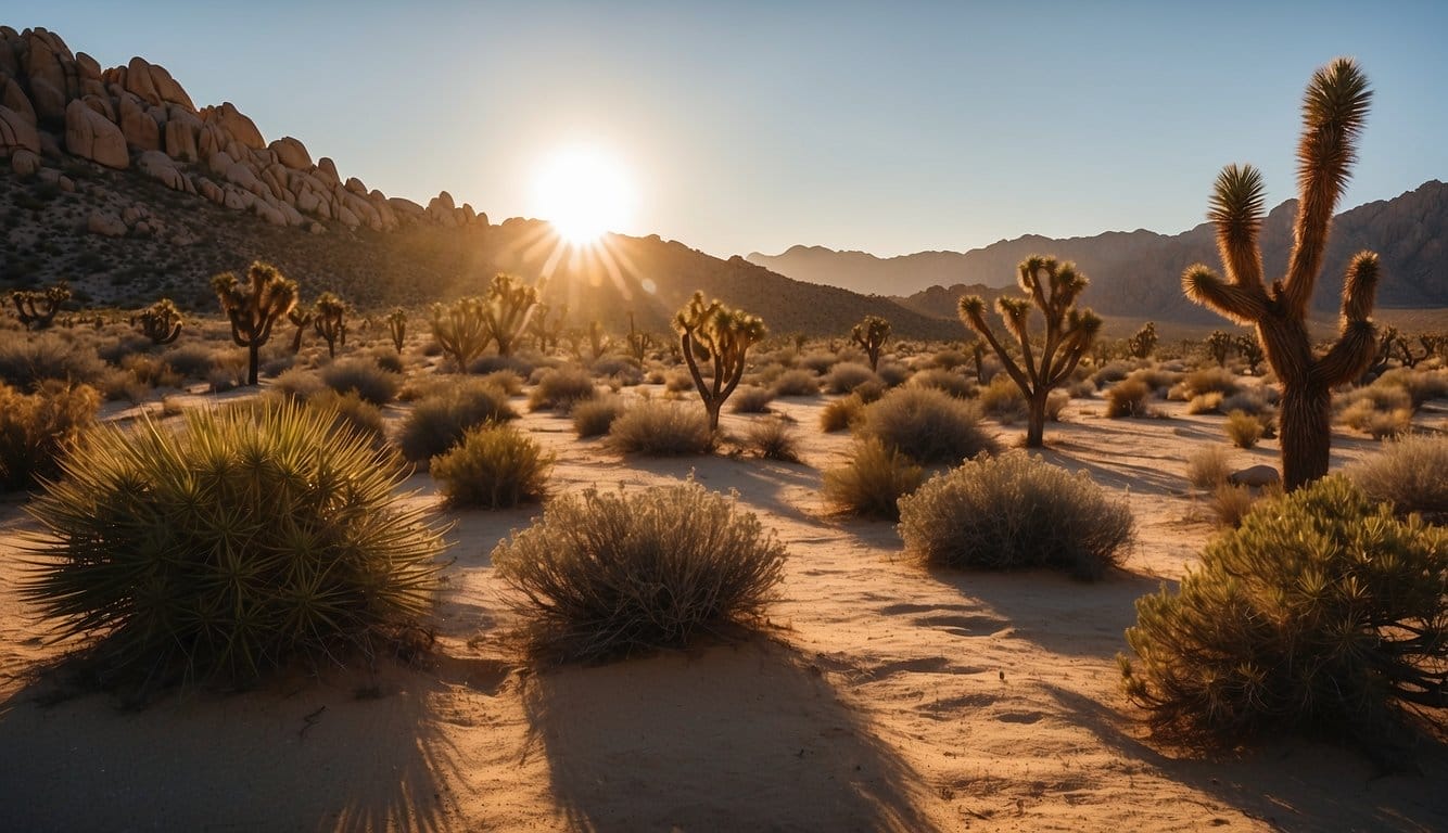 The sun sets over the rocky desert landscape, casting long shadows on the Joshua trees and campgrounds in Joshua Tree National Park, California