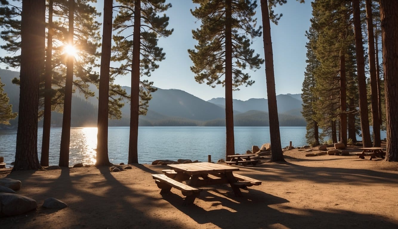 Sunlight filters through tall pine trees onto empty campsite with picnic table and fire ring, overlooking serene Lake Tahoe