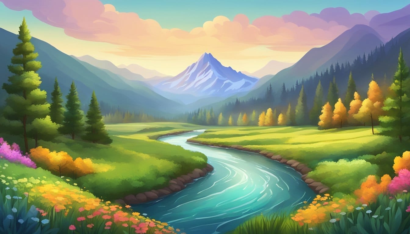 A lush forest with a winding river, a colorful meadow, and a majestic mountain in the distance