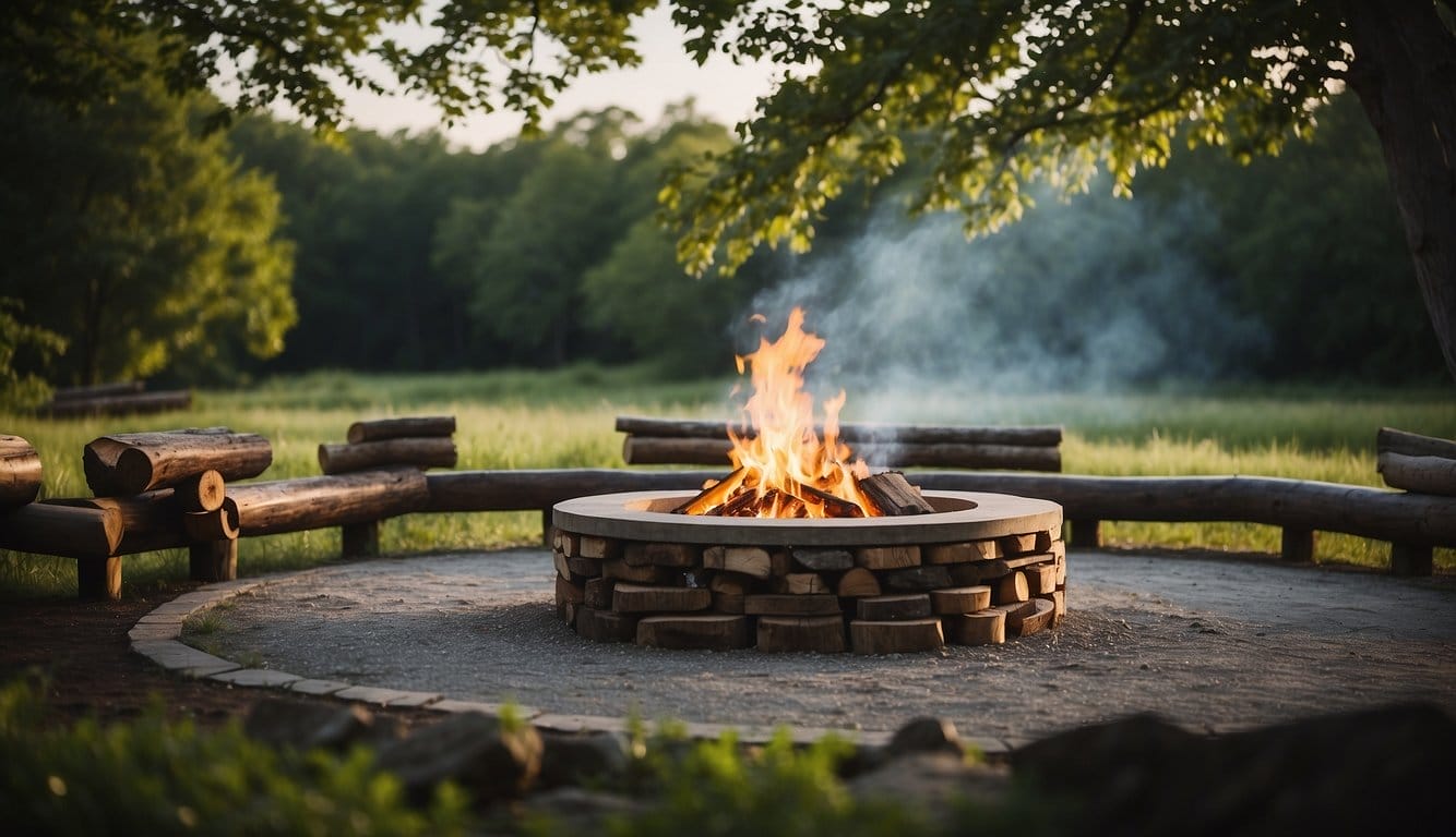 Lush green trees surround a central fire pit with logs for seating. Tents are scattered across the open field, and a winding river flows nearby